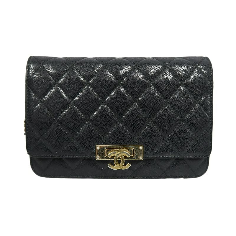 CHANEL Matelassé Chain Wallet Flap Crossbody Bag, Caviar Skin, Black, Gold Hardware, With Guarantee Card
