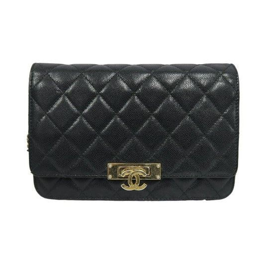 CHANEL Matelassé Chain Wallet Flap Crossbody Bag, Caviar Skin, Black, Gold Hardware, With Guarantee Card