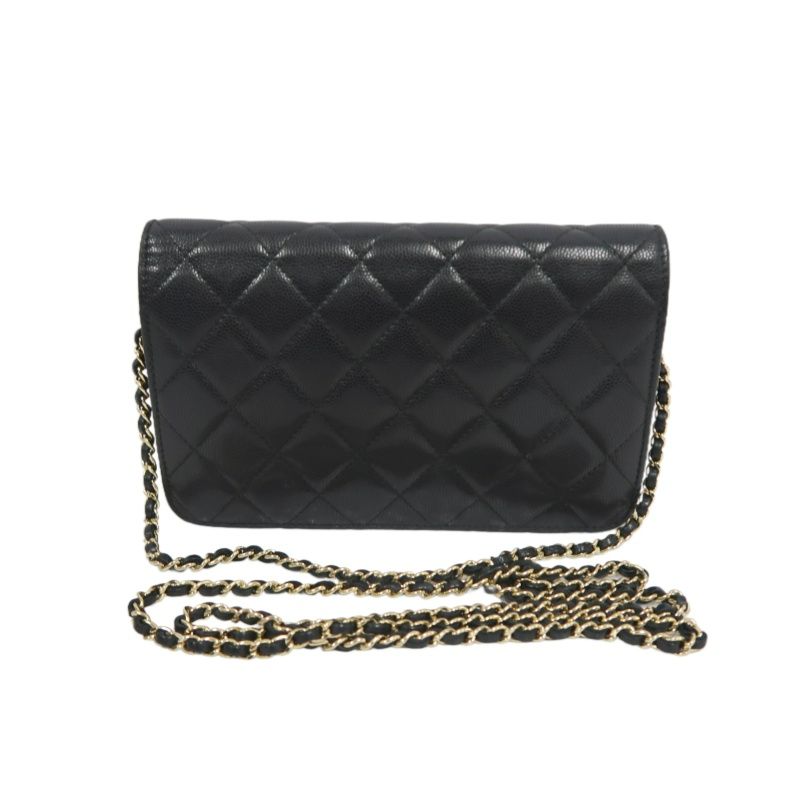 CHANEL Matelassé Chain Wallet Flap Crossbody Bag, Caviar Skin, Black, Gold Hardware, With Guarantee Card