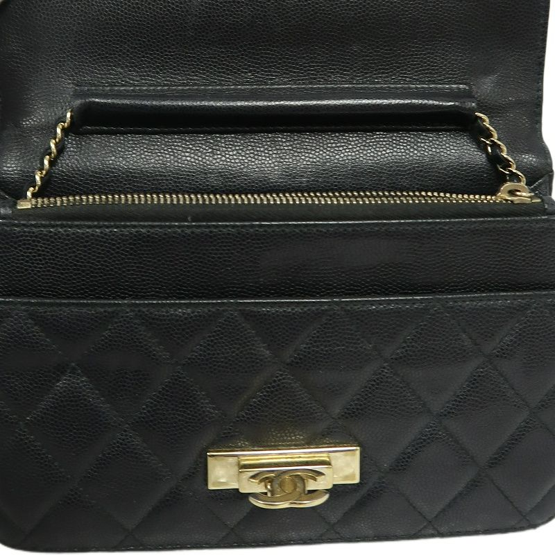 CHANEL Matelassé Chain Wallet Flap Crossbody Bag, Caviar Skin, Black, Gold Hardware, With Guarantee Card