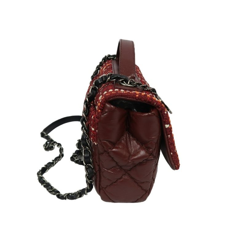 Chanel Classic Flap (CF) Shoulder Bag, Burgundy Tweed & Sheepskin Patchwork, Silver Hardware
