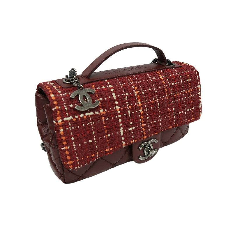 Chanel Classic Flap (CF) Shoulder Bag, Burgundy Tweed & Sheepskin Patchwork, Silver Hardware