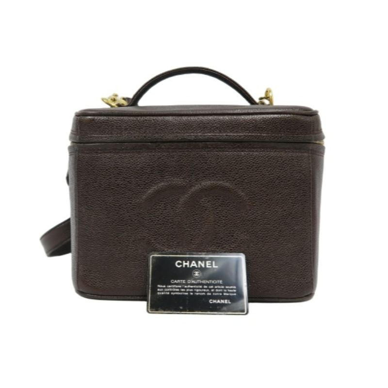 CHANEL Coco Mark Vanity Bag, Brown Caviar Leather, Gold Hardware, with Shoulder Strap & Guarantee Card