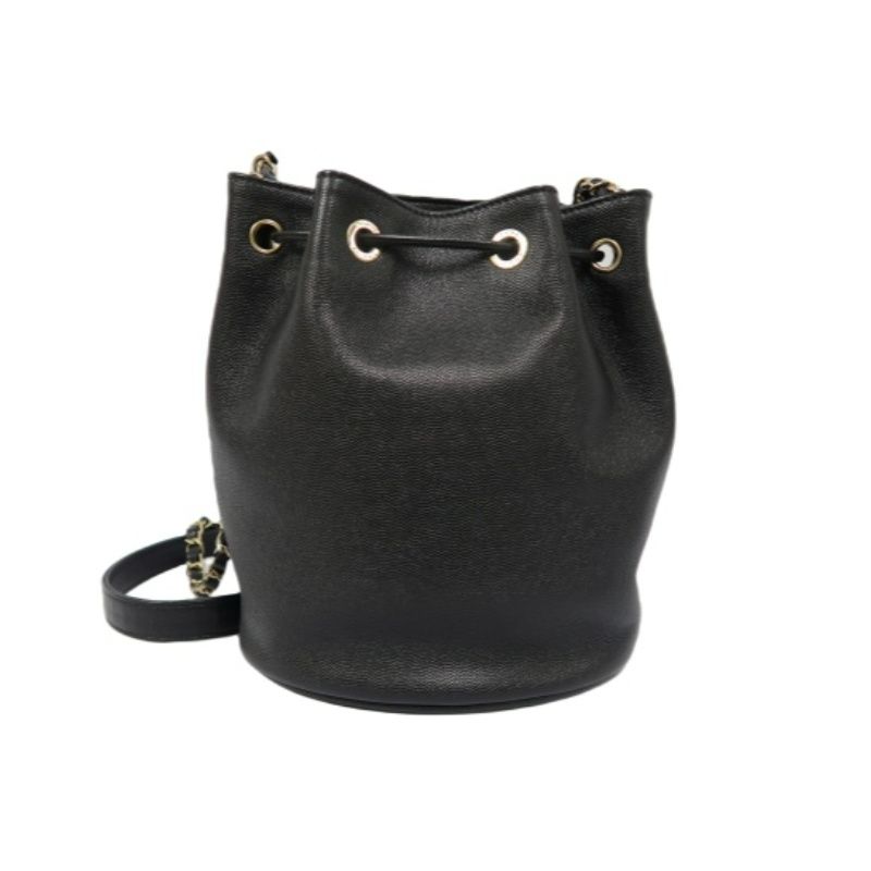 CHANEL Deauville Studded Chain Shoulder Bag, Black Calf Leather, Drawstring Bucket Style, Gold Hardware