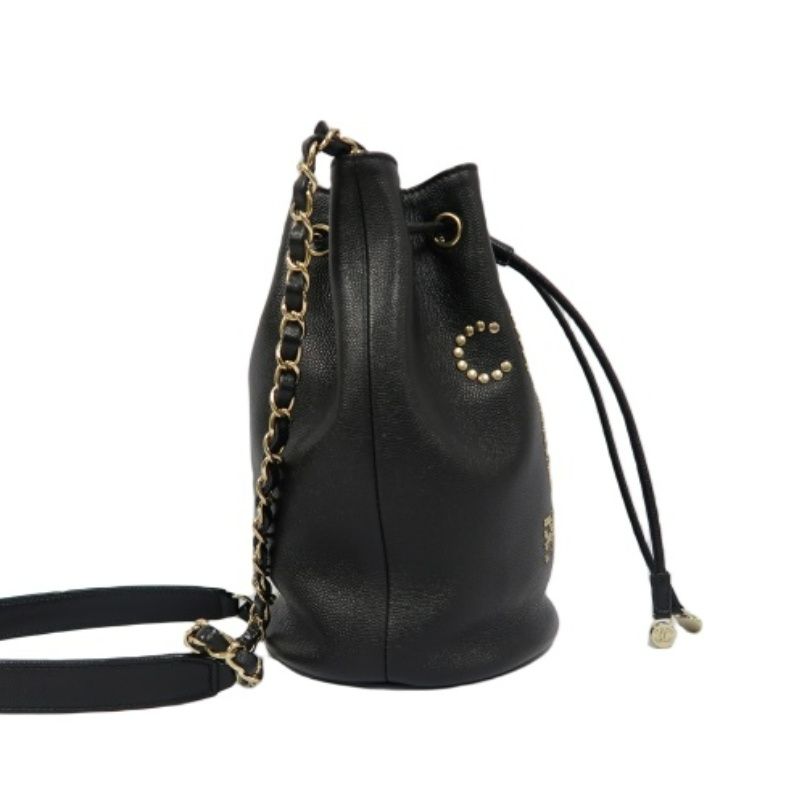 CHANEL Deauville Studded Chain Shoulder Bag, Black Calf Leather, Drawstring Bucket Style, Gold Hardware