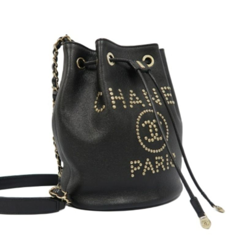 CHANEL Deauville Studded Chain Shoulder Bag, Black Calf Leather, Drawstring Bucket Style, Gold Hardware