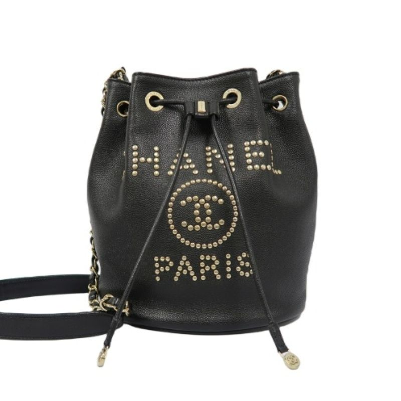 CHANEL Deauville Studded Chain Shoulder Bag, Black Calf Leather, Drawstring Bucket Style, Gold Hardware