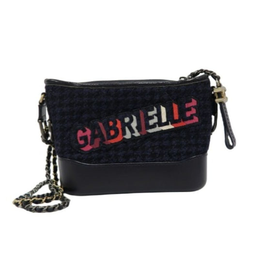 CHANEL Gabrielle de Chanel Chain Shoulder Bag, Black Printed Wool, with Card Pouch