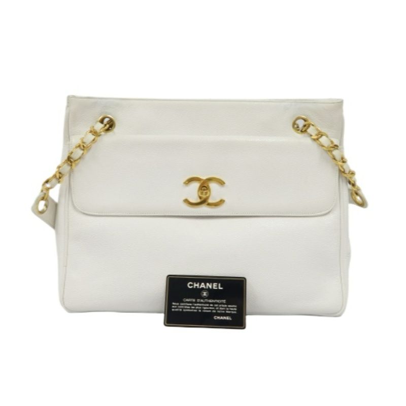 CHANEL Chain Shoulder Bag, White Caviar Leather, Gold Hardware, with Guarantee Card