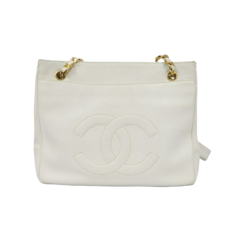 CHANEL Chain Shoulder Bag, White Caviar Leather, Gold Hardware, with Guarantee Card