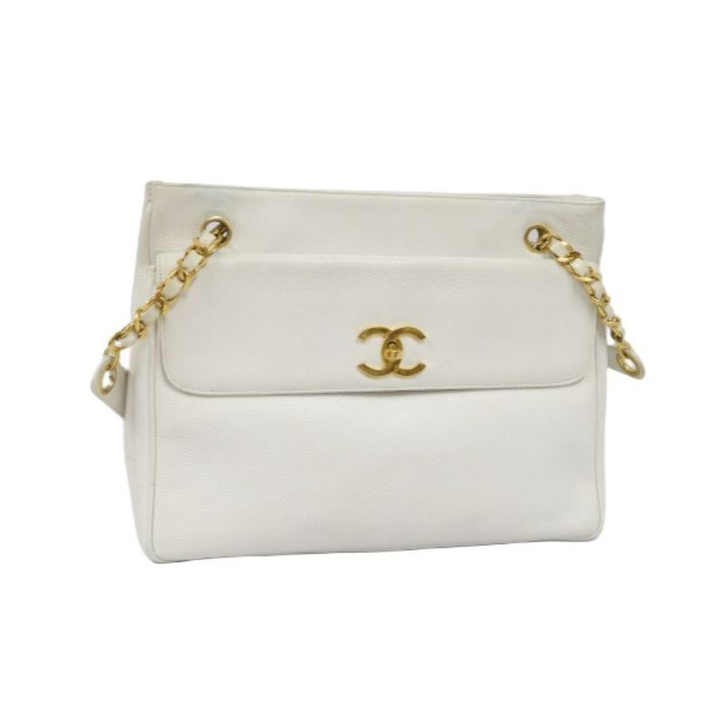 CHANEL Chain Shoulder Bag, White Caviar Leather, Gold Hardware, with Guarantee Card