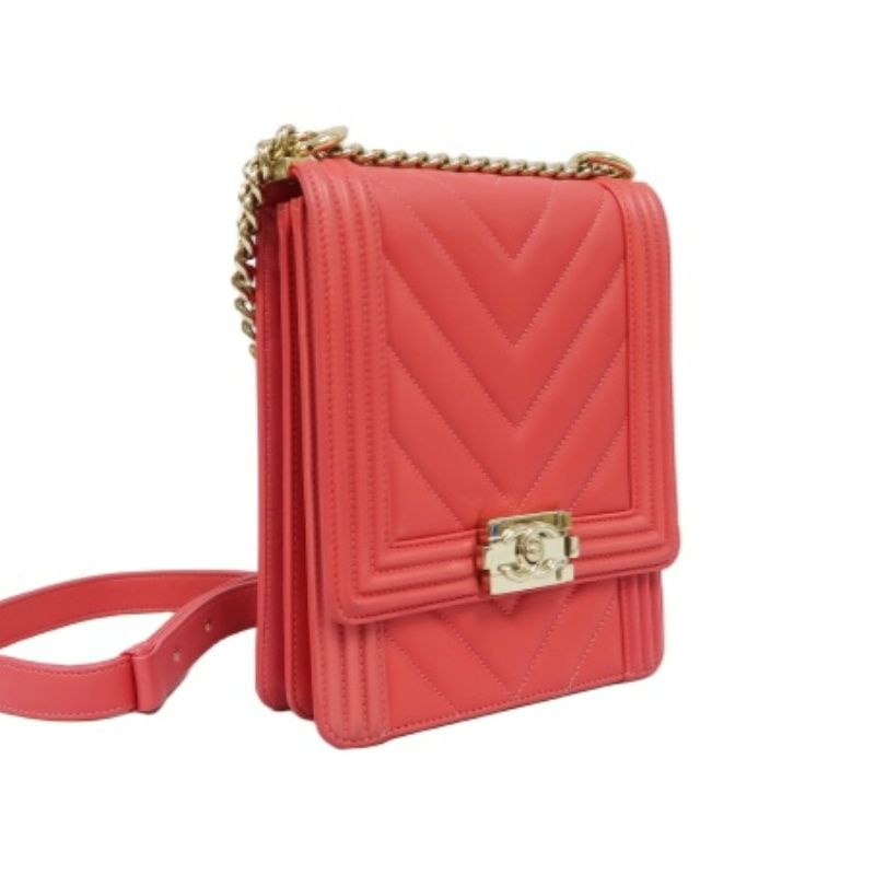 CHANEL Pink Boy Chain Shoulder Bag, Lambskin Leather, Gold Hardware