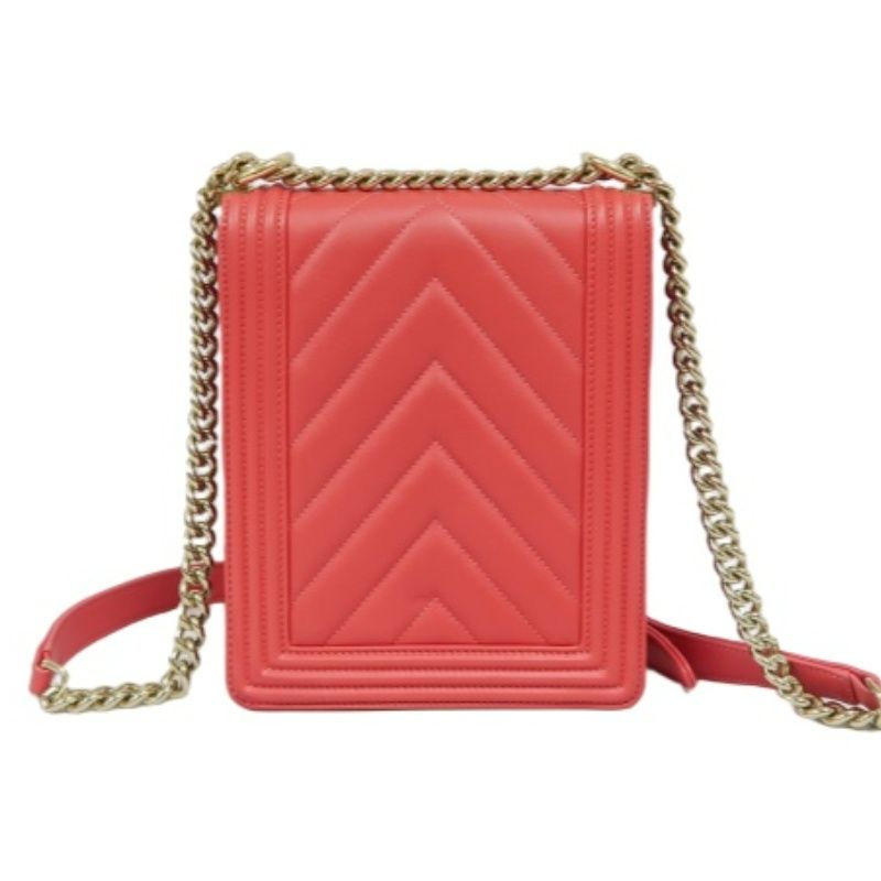 CHANEL Pink Boy Chain Shoulder Bag, Lambskin Leather, Gold Hardware