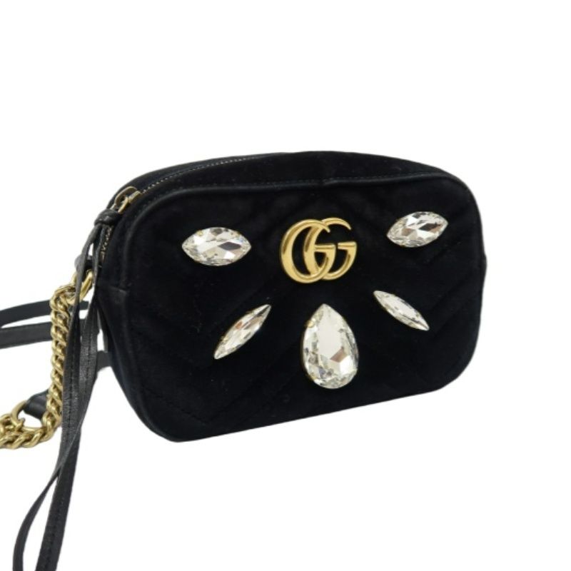 GUCCI GG Marmont Chain Shoulder Bag, Black Suede, Crystal Embellished, Gold Hardware, with Dust Bag