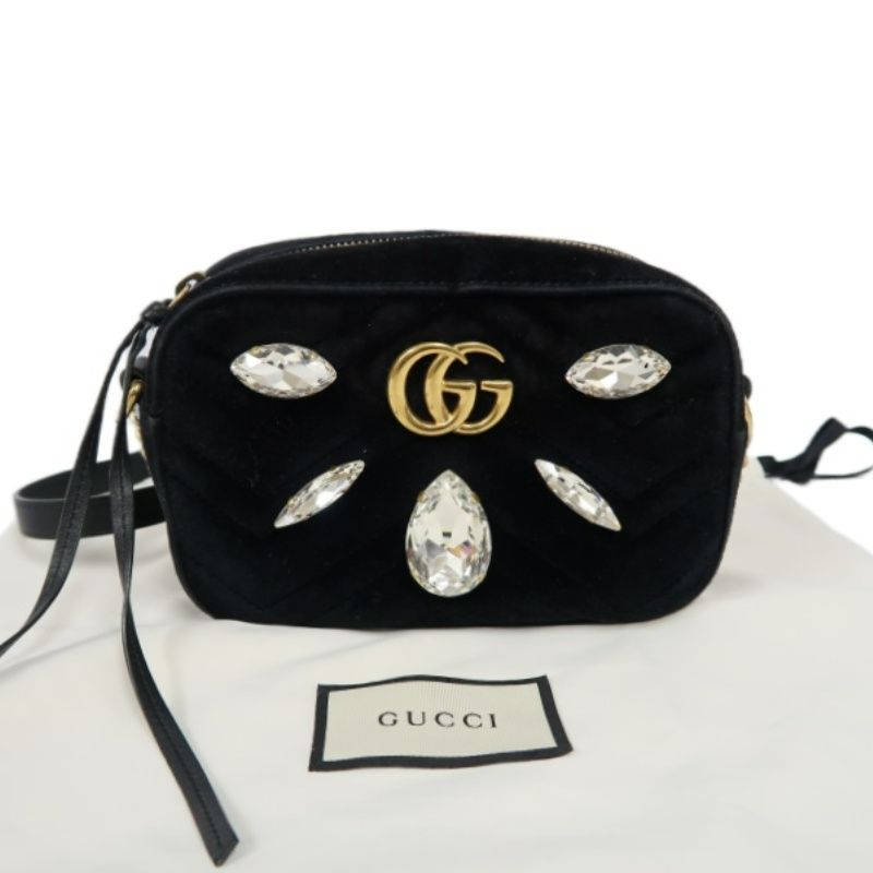 GUCCI GG Marmont Chain Shoulder Bag, Black Suede, Crystal Embellished, Gold Hardware, with Dust Bag