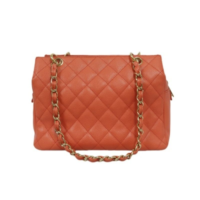 CHANEL Pink Orange Shoulder Bag, Caviar Leather, Gold Hardware, with Dust Bag and Guarantee Card
