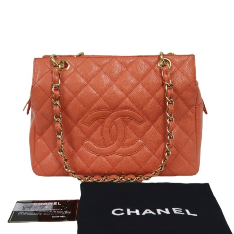 CHANEL Pink Orange Shoulder Bag, Caviar Leather, Gold Hardware, with Dust Bag and Guarantee Card