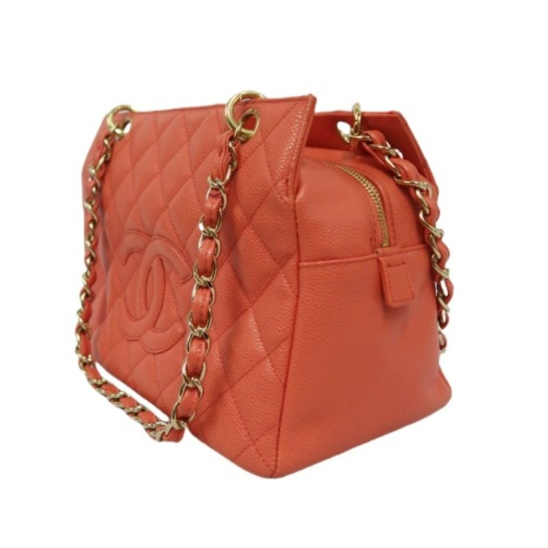 CHANEL Pink Orange Shoulder Bag, Caviar Leather, Gold Hardware, with Dust Bag and Guarantee Card