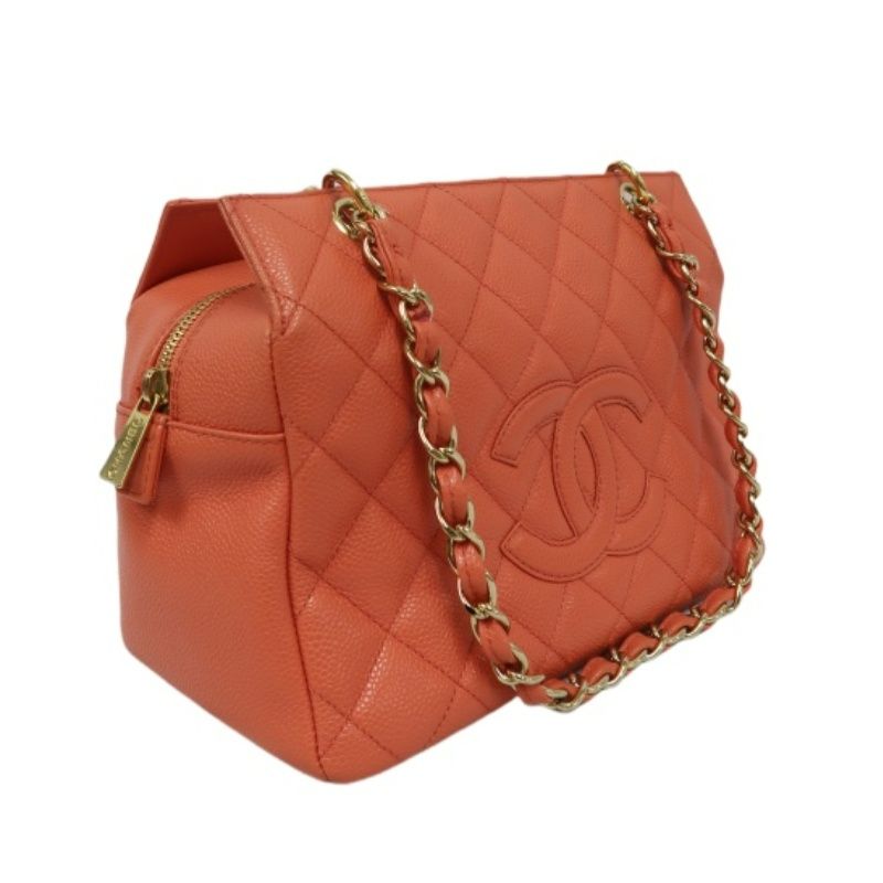 CHANEL Pink Orange Shoulder Bag, Caviar Leather, Gold Hardware, with Dust Bag and Guarantee Card