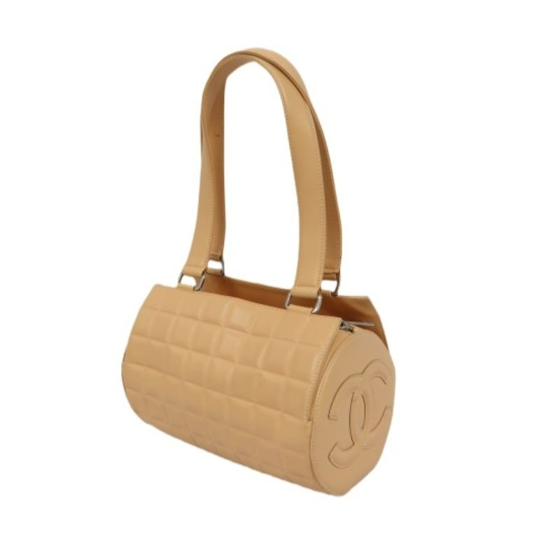 CHANEL Chocolate Bar Mini Boston Drum Bag, Lambskin Leather, Beige, with Guarantee Card