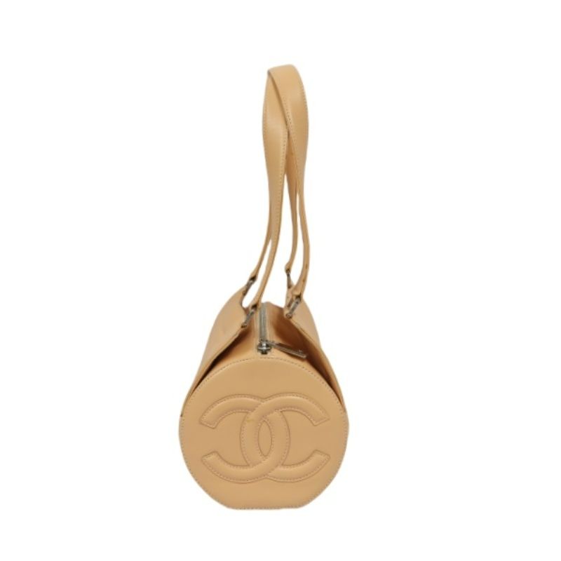 CHANEL Chocolate Bar Mini Boston Drum Bag, Lambskin Leather, Beige, with Guarantee Card