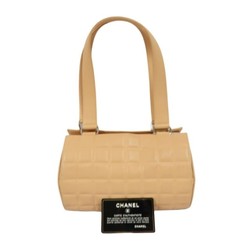 CHANEL Chocolate Bar Mini Boston Drum Bag, Lambskin Leather, Beige, with Guarantee Card