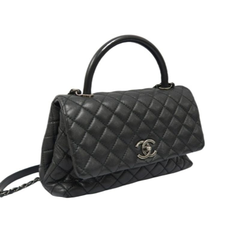 CHANEL Black Caviar Leather 2-Way Chain Top Handle Shoulder Handbag with Silver Hardware & Authenticity Card