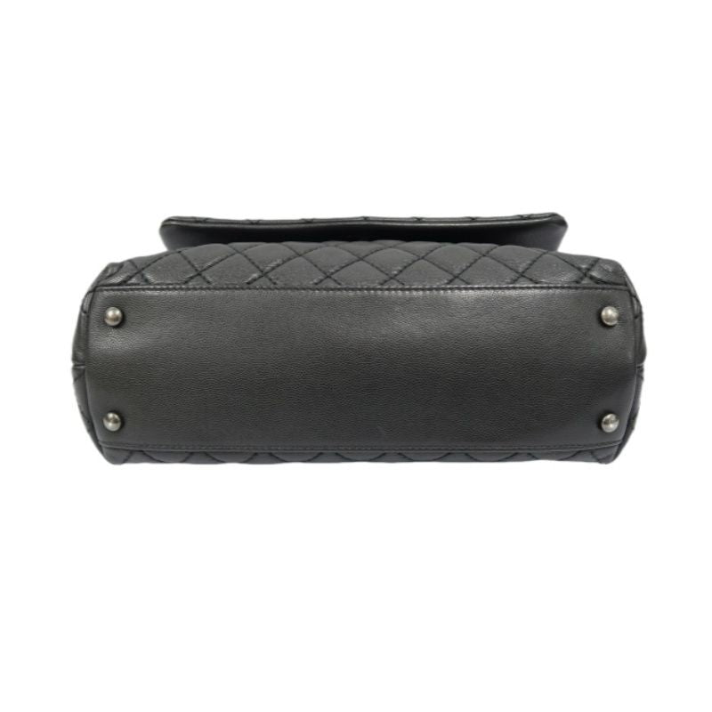 CHANEL Black Caviar Leather 2-Way Chain Top Handle Shoulder Handbag with Silver Hardware & Authenticity Card