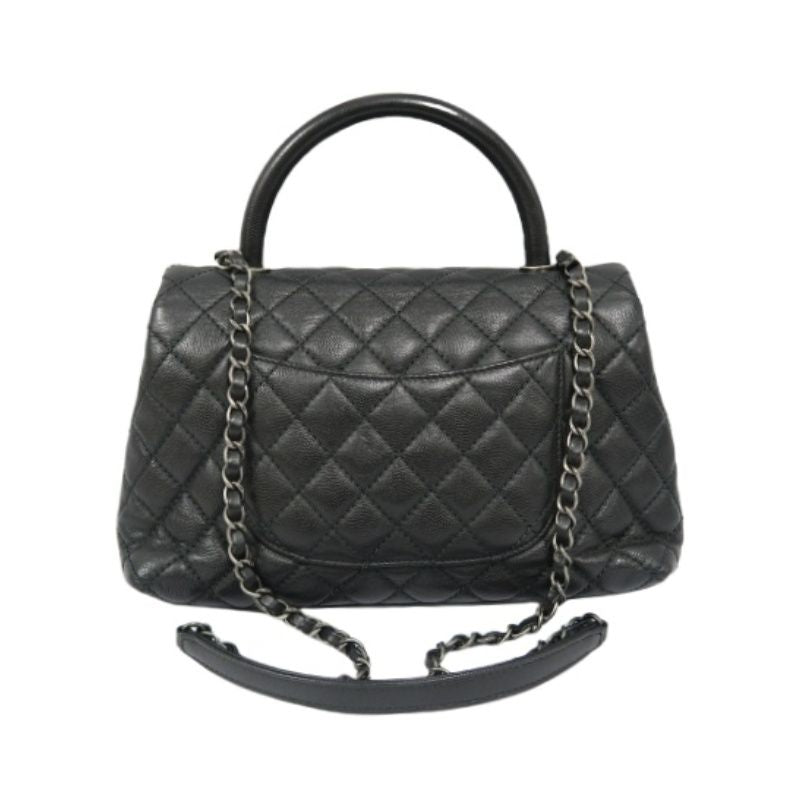 CHANEL Black Caviar Leather 2-Way Chain Top Handle Shoulder Handbag with Silver Hardware & Authenticity Card