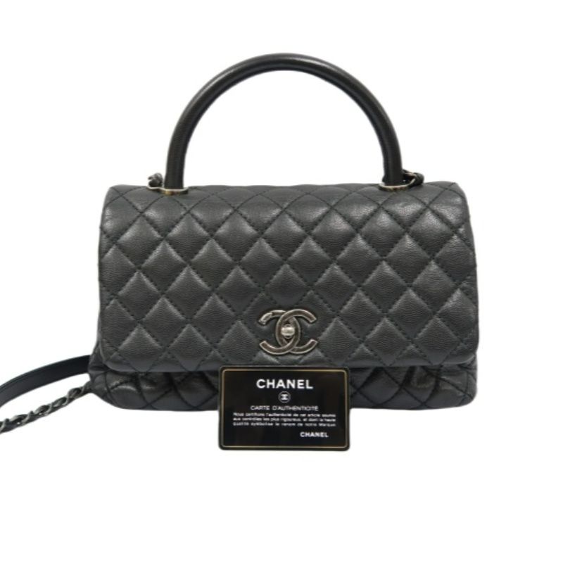 CHANEL Black Caviar Leather 2-Way Chain Top Handle Shoulder Handbag with Silver Hardware & Authenticity Card