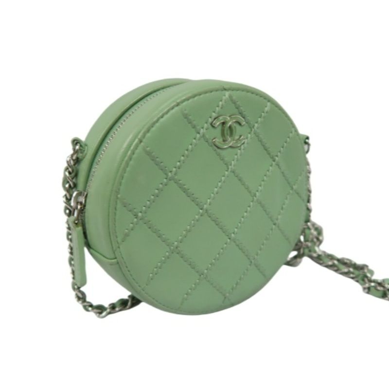 CHANEL Green Lambskin Quilted Chain Shoulder Crossbody Bag with Silver Hardware
