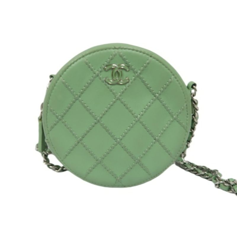 CHANEL Green Lambskin Quilted Chain Shoulder Crossbody Bag with Silver Hardware
