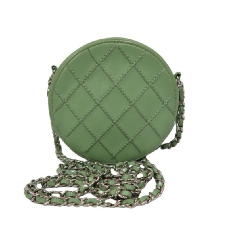 CHANEL Green Lambskin Quilted Chain Shoulder Crossbody Bag with Silver Hardware