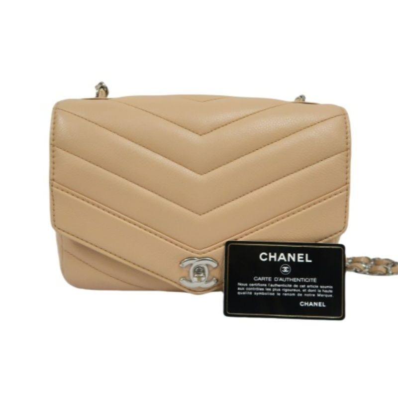 CHANEL Beige Lambskin Quilted V-Stitch Chain Shoulder Crossbody Bag with Silver Hardware & Authenticity Card