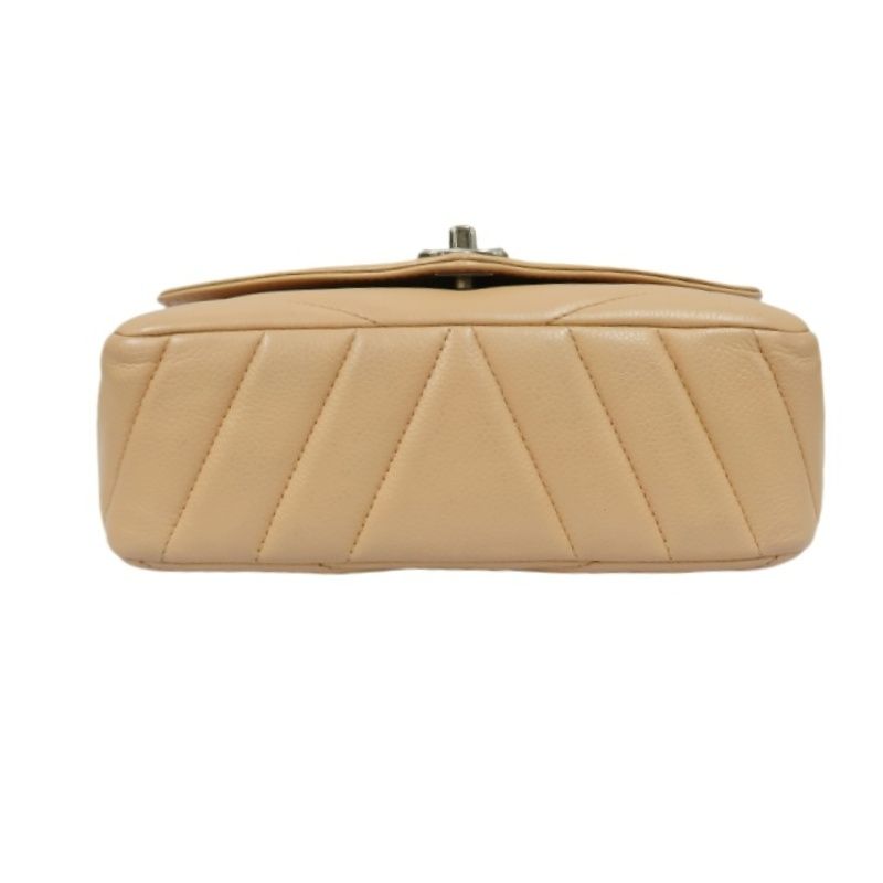 CHANEL Beige Lambskin Quilted V-Stitch Chain Shoulder Crossbody Bag with Silver Hardware & Authenticity Card