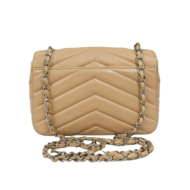 CHANEL Beige Lambskin Quilted V-Stitch Chain Shoulder Crossbody Bag with Silver Hardware & Authenticity Card