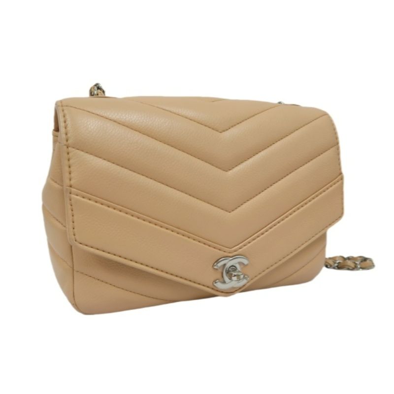 CHANEL Beige Lambskin Quilted V-Stitch Chain Shoulder Crossbody Bag with Silver Hardware & Authenticity Card