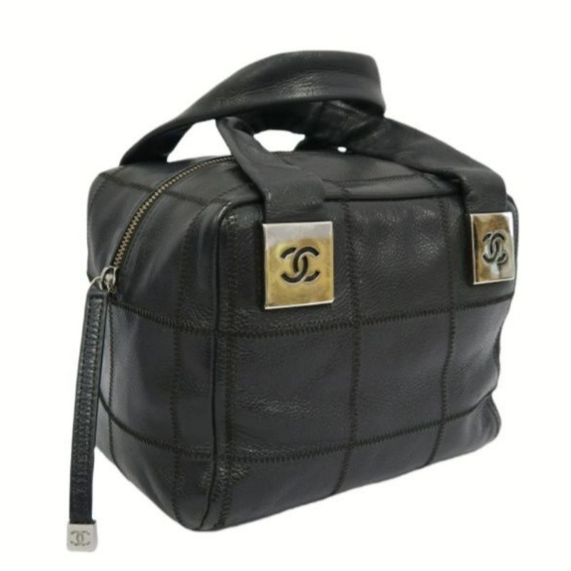 CHANEL Chocolate Bar Black Lambskin Handbag with Guarantee Card