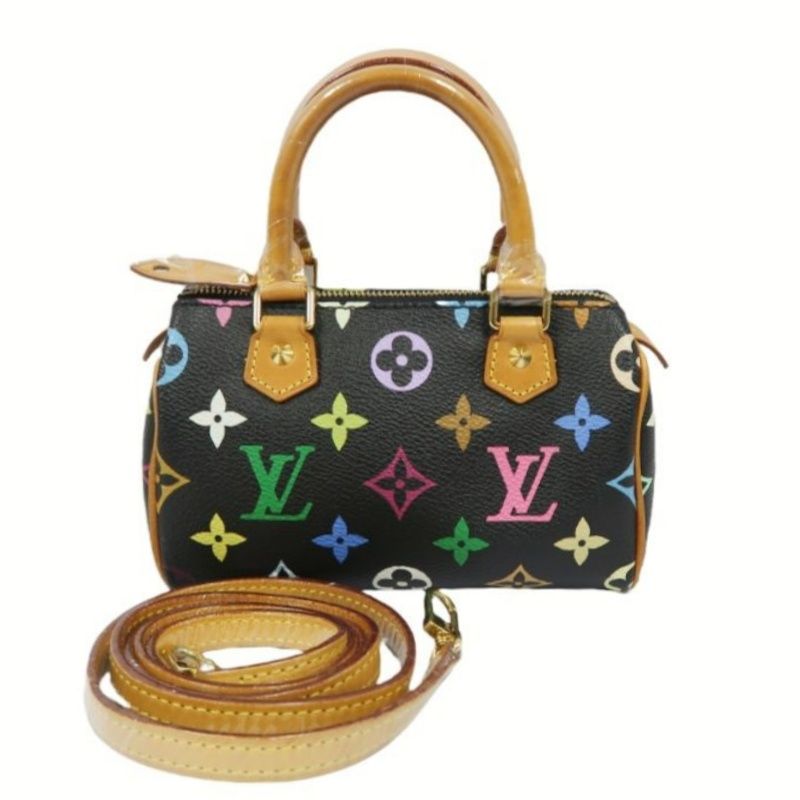 LOUIS VUITTON Multicolor Black Nano Speedy Handbag with Shoulder Strap