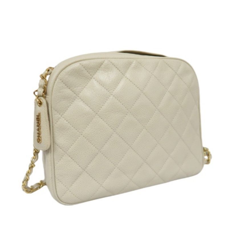 CHANEL White Caviar Leather Quilted Coco Mark Chain Shoulder Crossbody Bag with Dust Bag & Silk Scarf