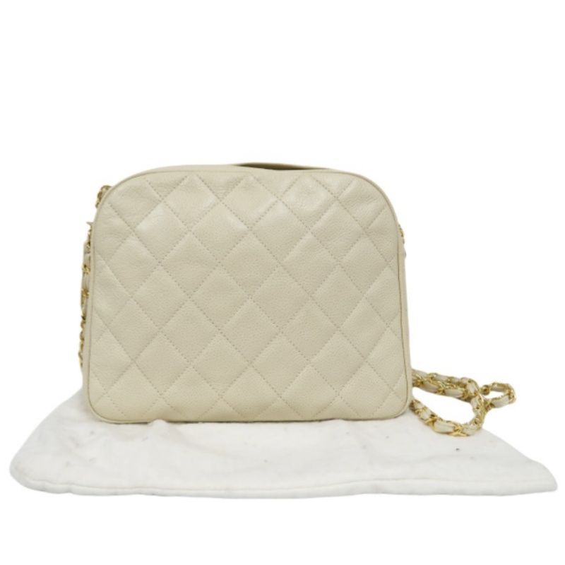 CHANEL White Caviar Leather Quilted Coco Mark Chain Shoulder Crossbody Bag with Dust Bag & Silk Scarf