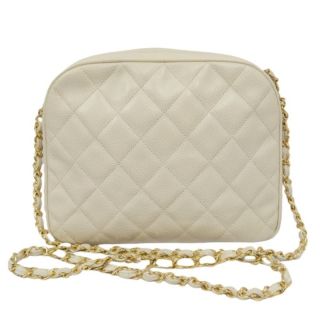 CHANEL White Caviar Leather Quilted Coco Mark Chain Shoulder Crossbody Bag with Dust Bag & Silk Scarf