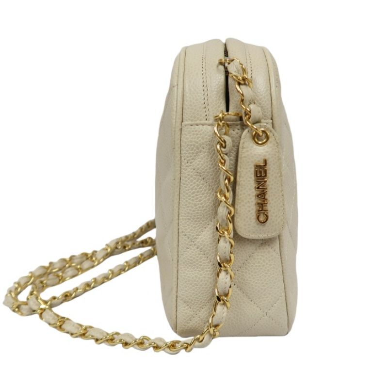 CHANEL White Caviar Leather Quilted Coco Mark Chain Shoulder Crossbody Bag with Dust Bag & Silk Scarf