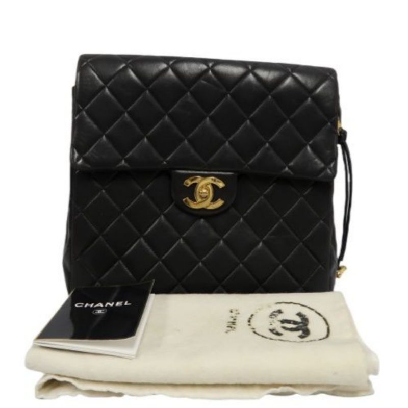 CHANEL Quilted Lambskin Backpack, Black, Gold-Tone Hardware, With Dust Bag (Fair Condition)