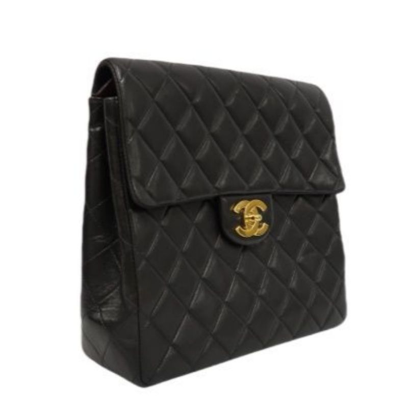 CHANEL Quilted Lambskin Backpack, Black, Gold-Tone Hardware, With Dust Bag (Fair Condition)
