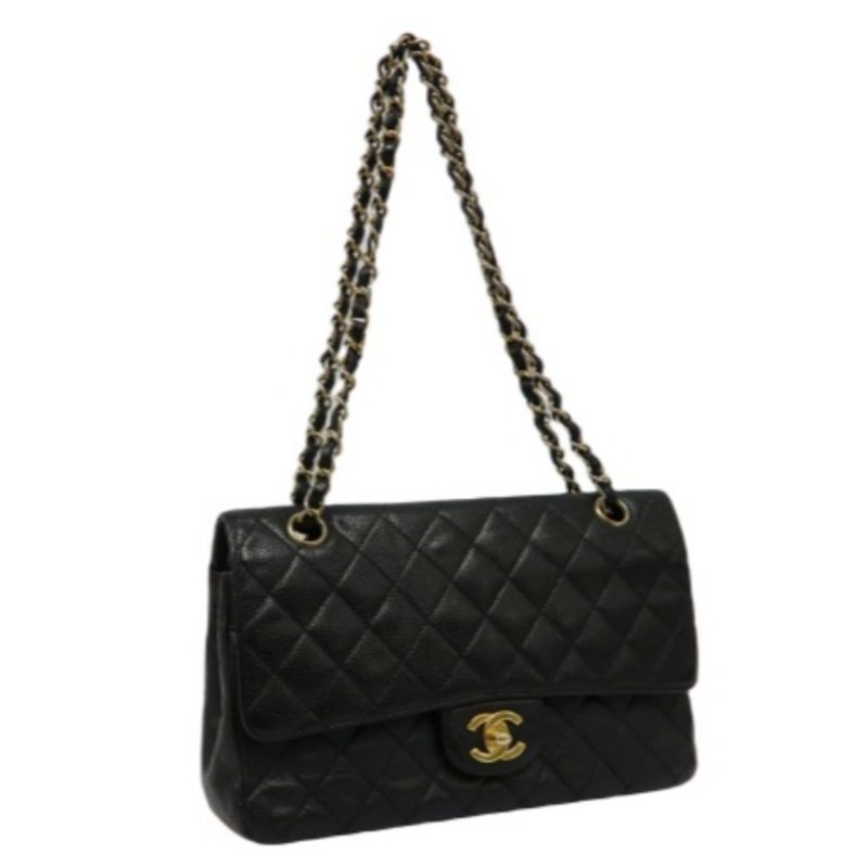 CHANEL Classic Flap (CF) Crossbody Bag - Black, Grained Calfskin with Gold Hardware