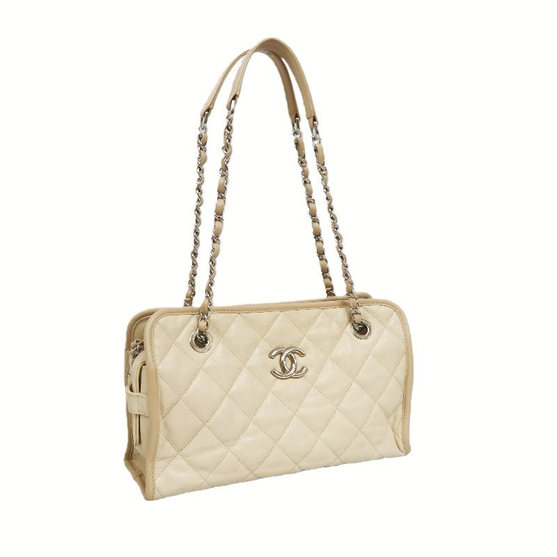 CHANEL Beige Quilted Calfskin Crossbody Bag with Silver Hardware