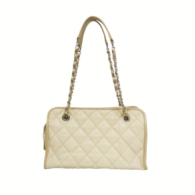 CHANEL Beige Quilted Calfskin Crossbody Bag with Silver Hardware
