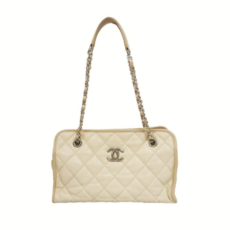 CHANEL Beige Quilted Calfskin Crossbody Bag with Silver Hardware