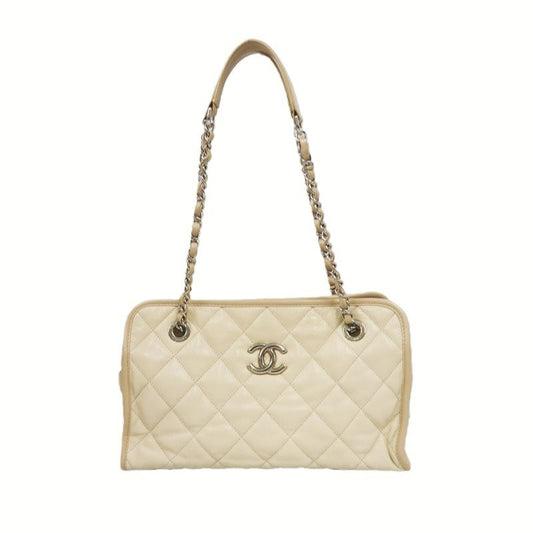 CHANEL Beige Quilted Calfskin Crossbody Bag with Silver Hardware